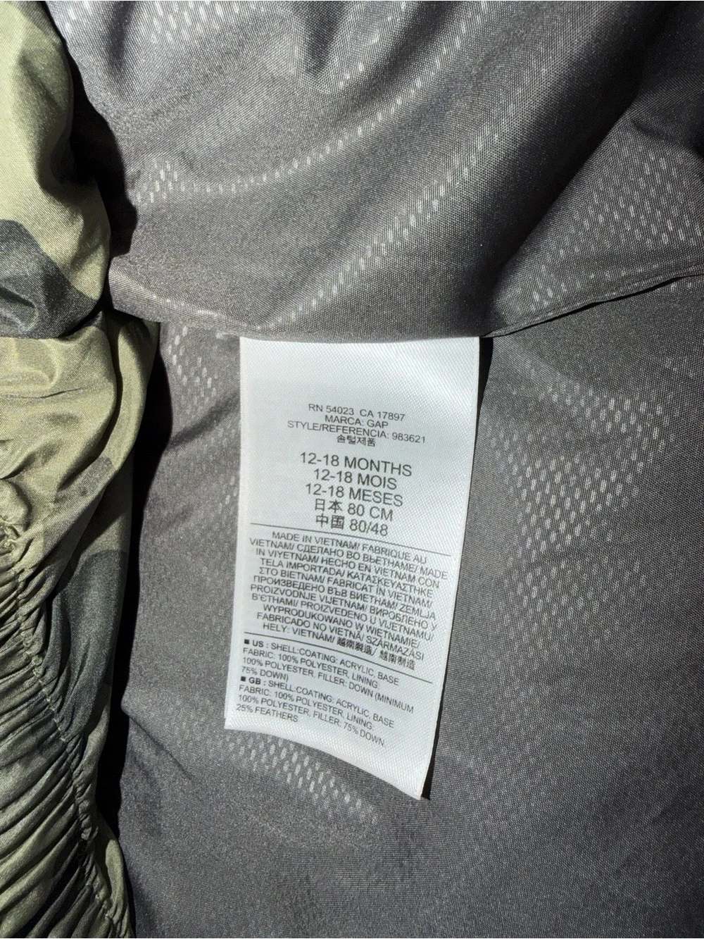 BabyGap Camo Down Puffer Jacket 12–18M NWT